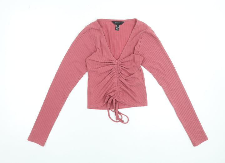 New Look Womens Pink Cropped V-Neck Ruched Long Sleeve Top UK 8