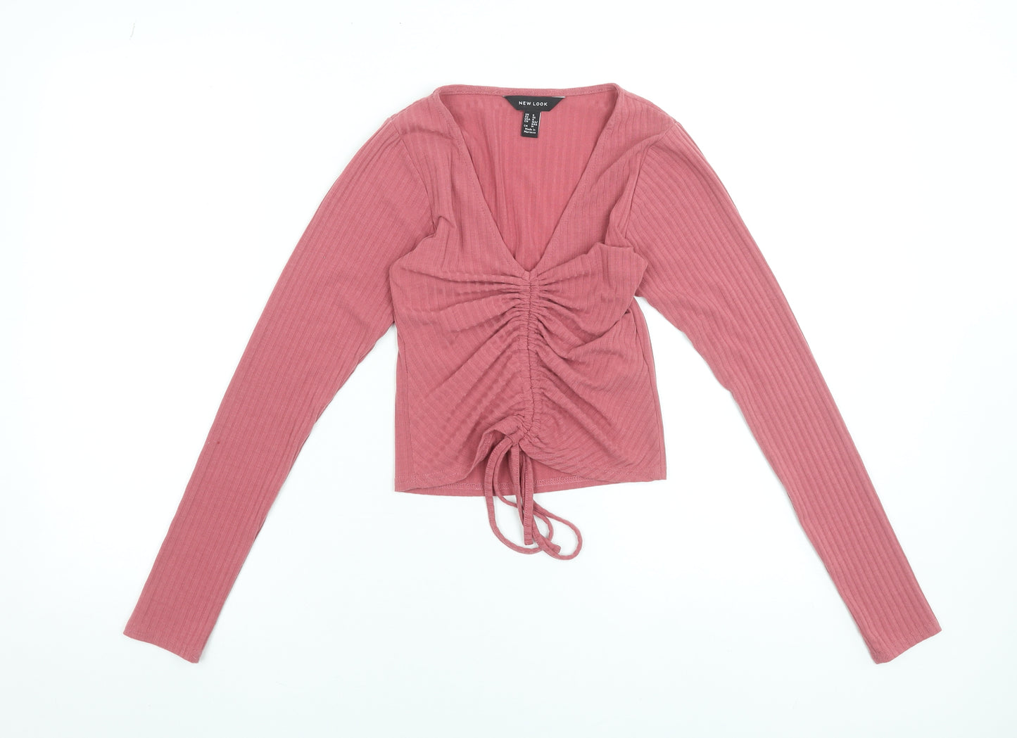 New Look Womens Pink Cropped V-Neck Ruched Long Sleeve Top UK 8