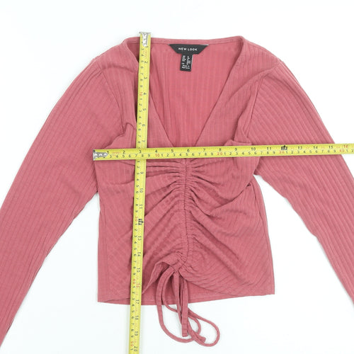 New Look Womens Pink Cropped V-Neck Ruched Long Sleeve Top UK 8
