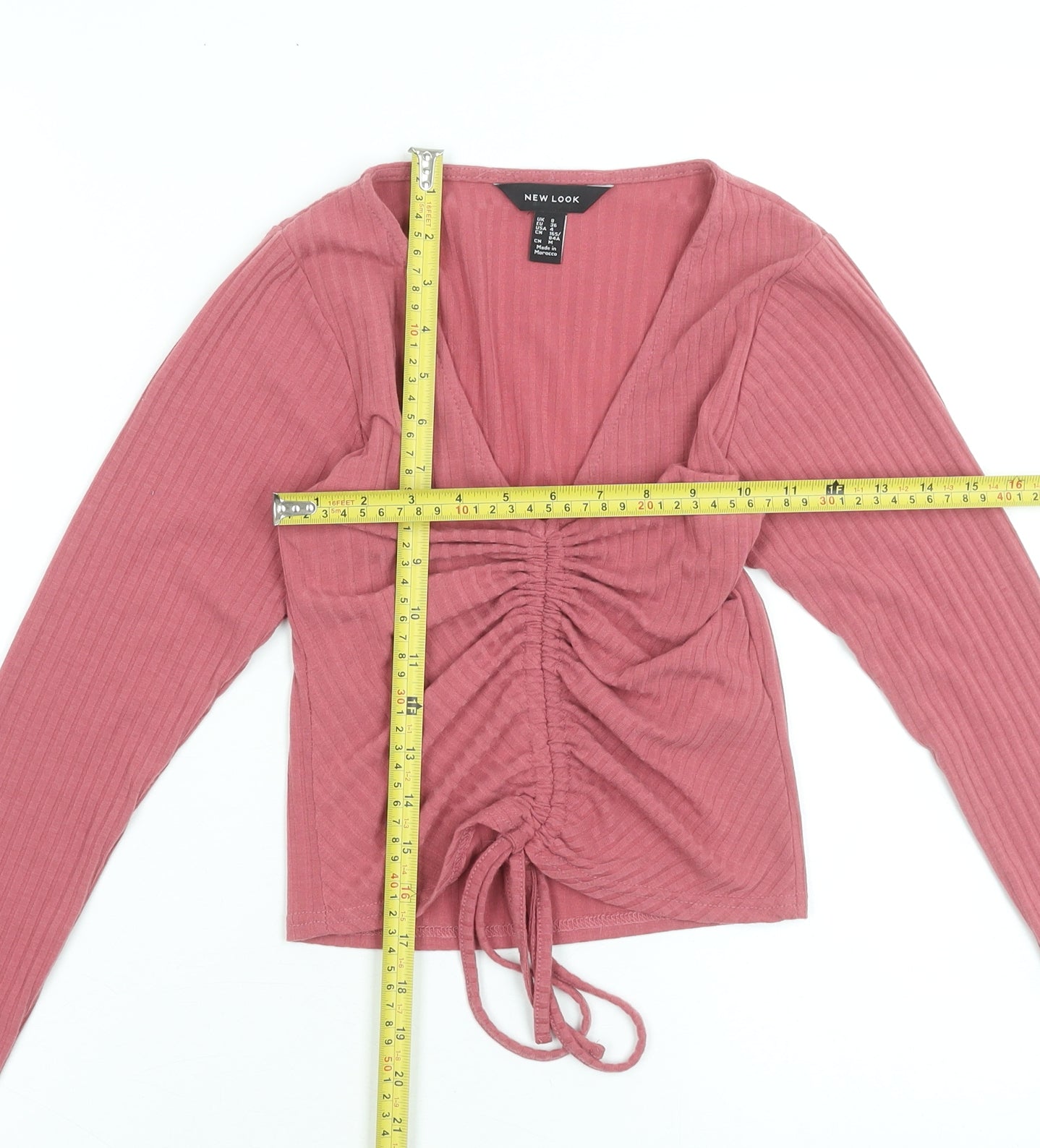New Look Womens Pink Cropped V-Neck Ruched Long Sleeve Top UK 8