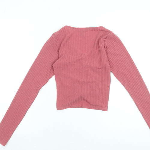 New Look Womens Pink Cropped V-Neck Ruched Long Sleeve Top UK 8