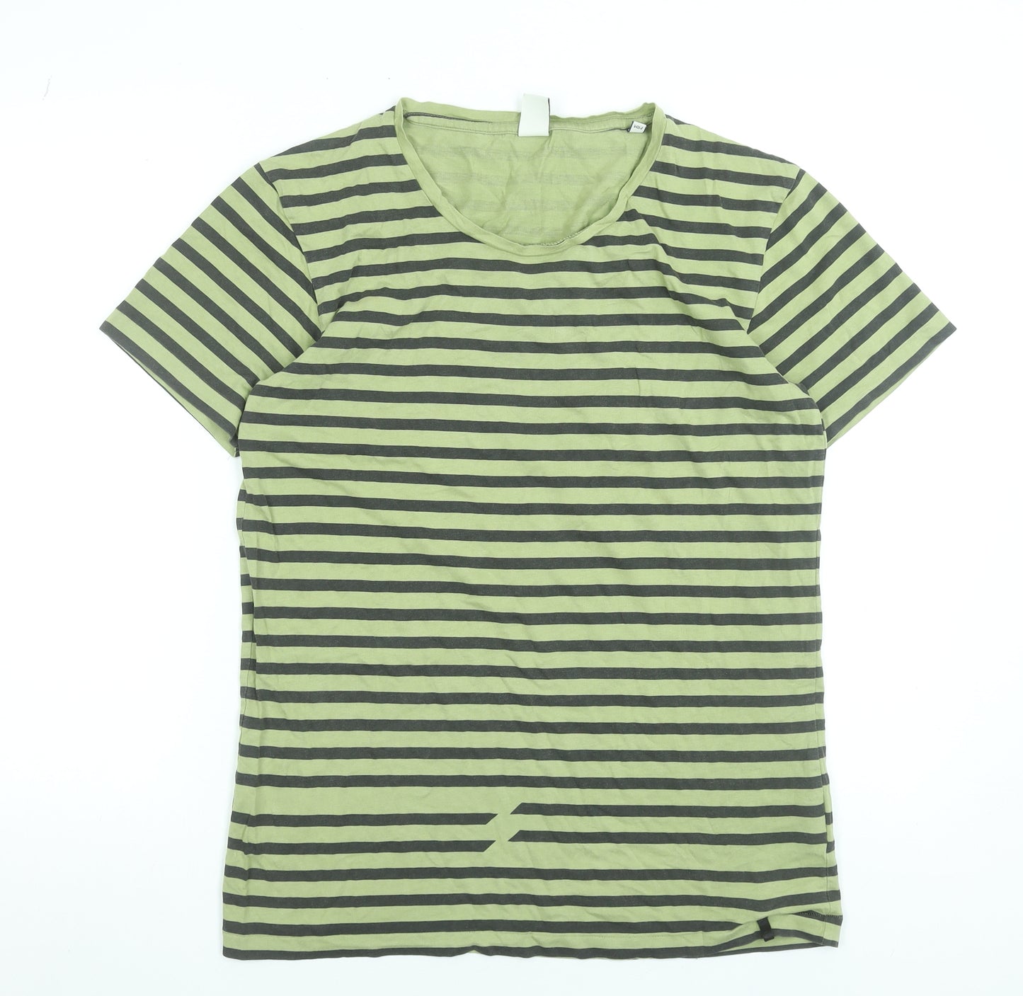 Jack & Jones Men's Green Striped Cotton Crew Neck T-Shirt Size L