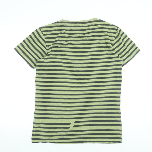 Jack & Jones Men's Green Striped Cotton Crew Neck T-Shirt Size L