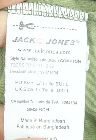 Jack & Jones Men's Green Striped Cotton Crew Neck T-Shirt Size L