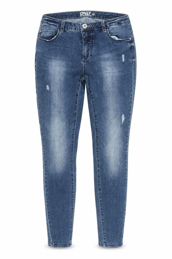 Front view of Only Women's Blue Skinny Stretch Jeans, size 12, Mid Rise Distressed