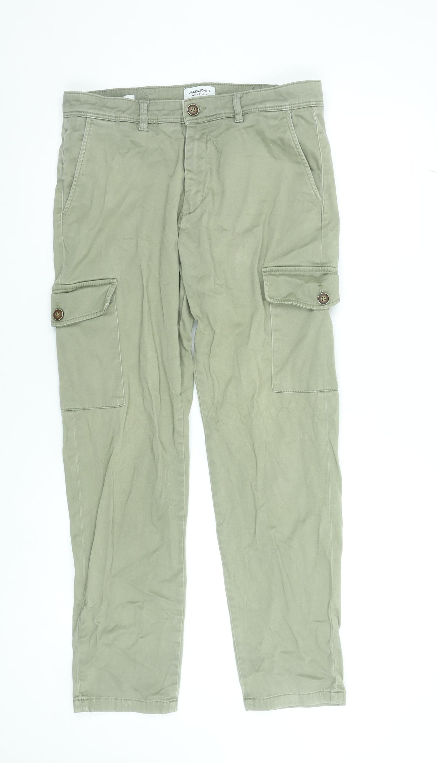 Jack & Jones Men's Green Cargo Trousers Size 33W 32L Slim Fit Cotton