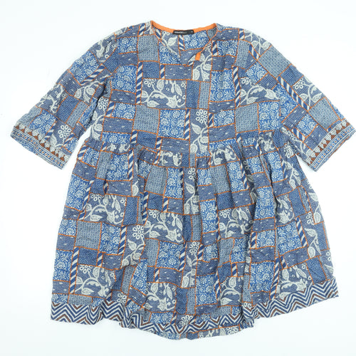 Generation Basic Women Blue Geometric A-Line Knee Length Cotton Dress Size 14