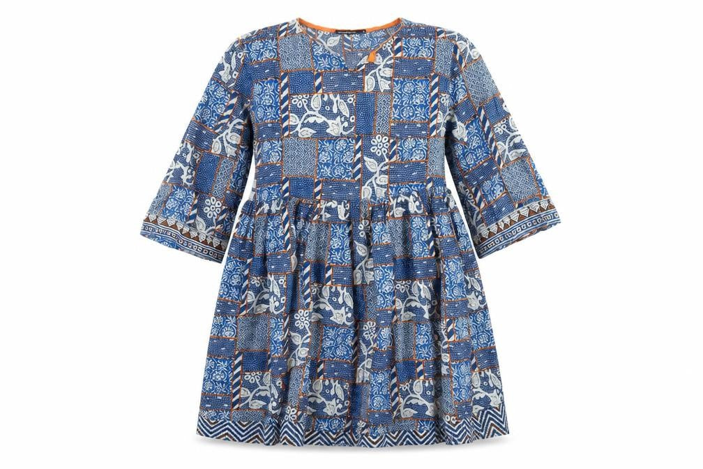 Front view of Generation Basic Women Blue Geometric A-Line Knee Length Cotton Dress, size 14