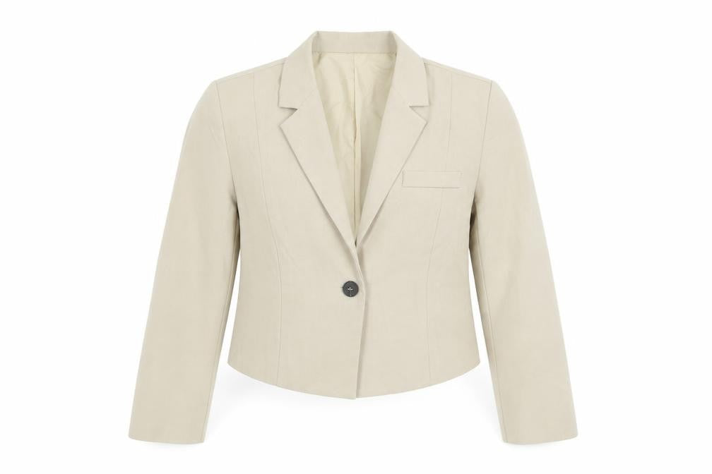 Front view of DAZY Women’s Beige Cropped Blazer Jacket, size M