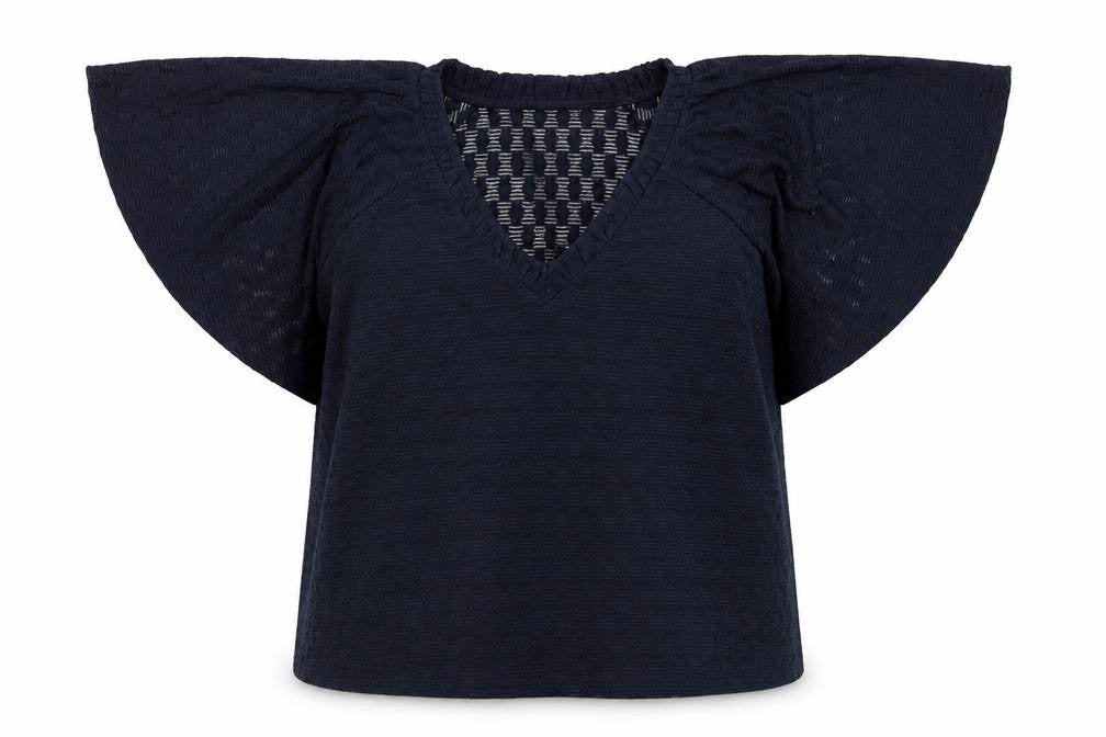 Front view of Gallery Women's Navy Blue V-Neck Flutter Sleeve Tunic Blouse, size L