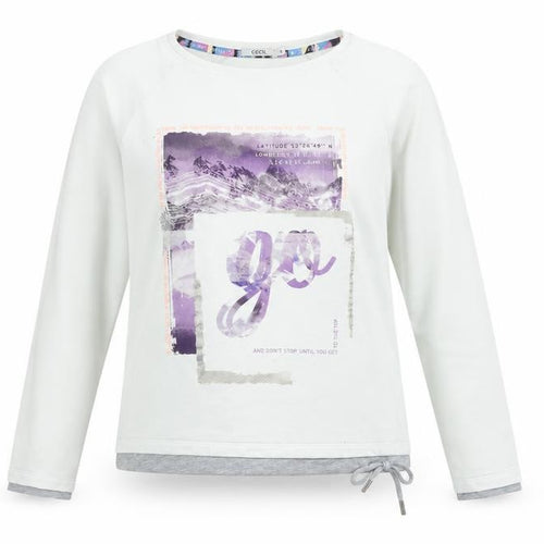 Cecil Women White Long Sleeve Cotton Blend Graphic T-Shirt Size S