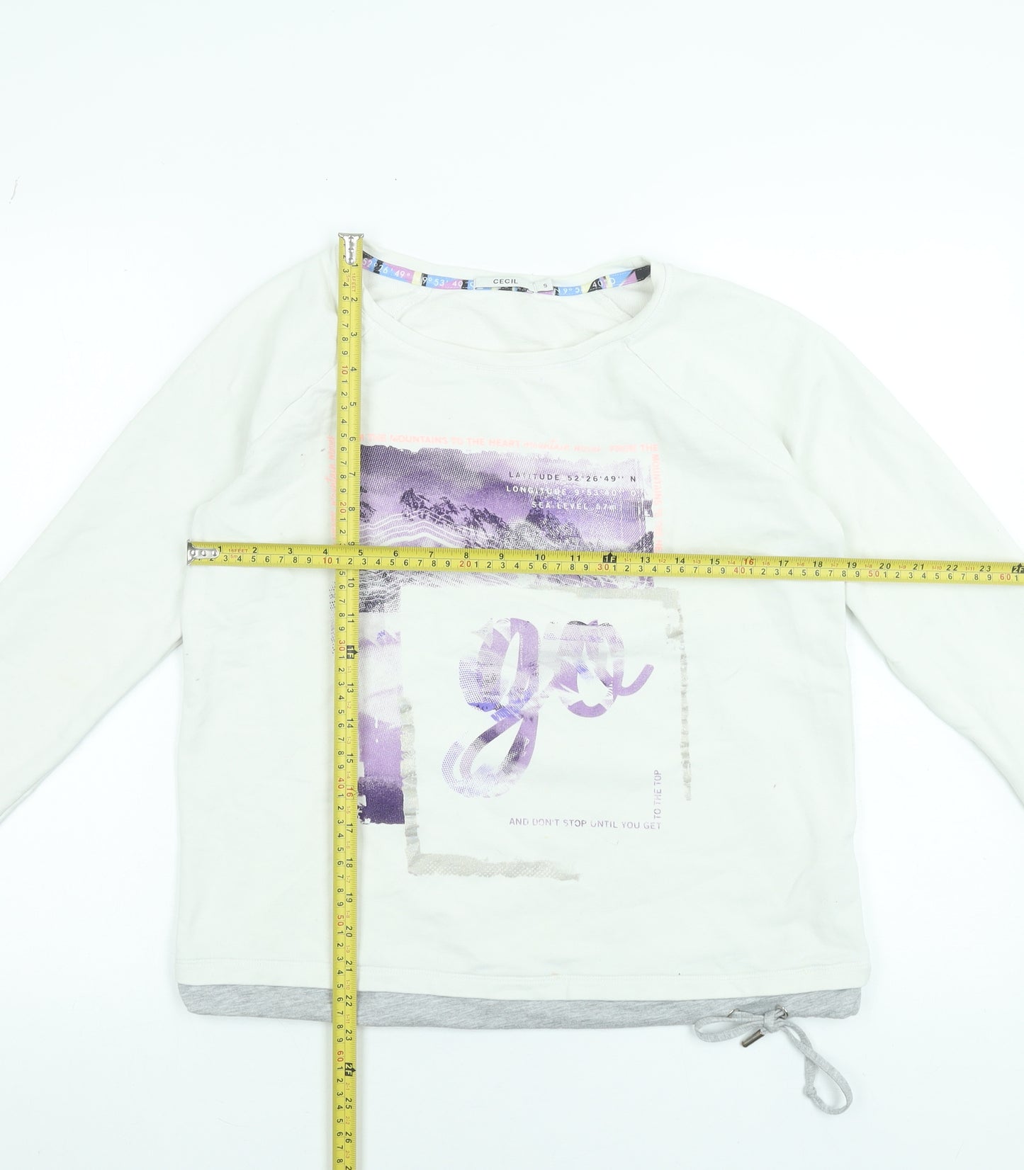 Cecil Women White Long Sleeve Cotton Blend Graphic T-Shirt Size S