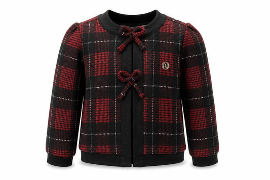 Front view of River Island Mini Red & Black Check Knit Cardigan 12-18 Months