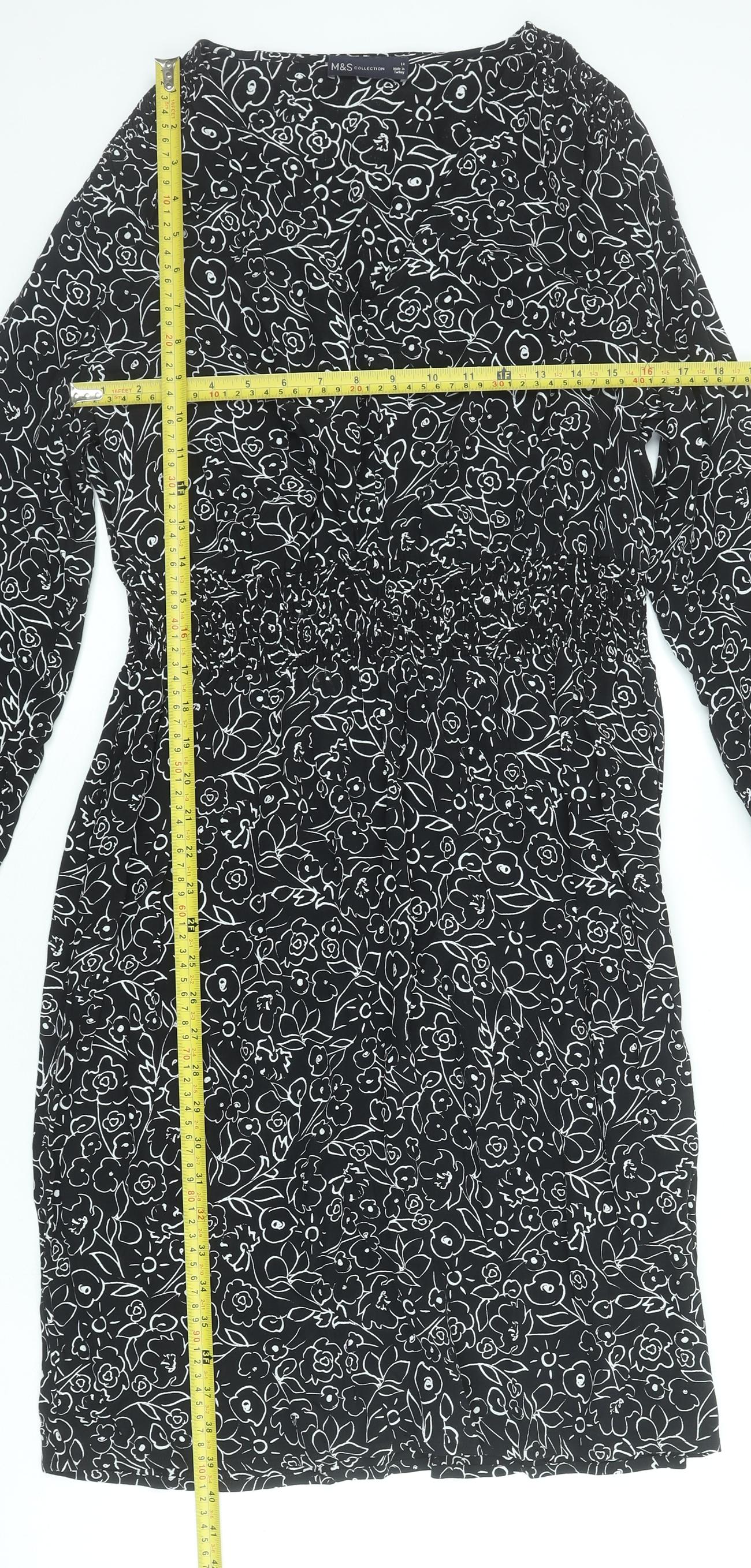 Marks and Spencer Women’s Black Floral Shift Dress Size 14 Long Sleeve