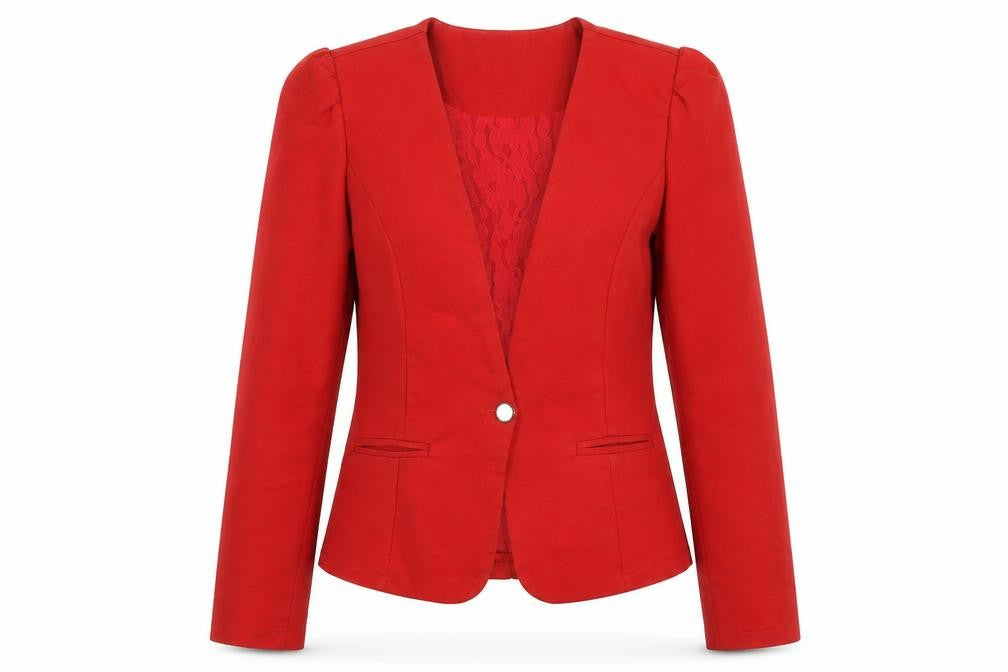 Front view of Lefon women’s red slim fit cotton blend blazer, size UK 10