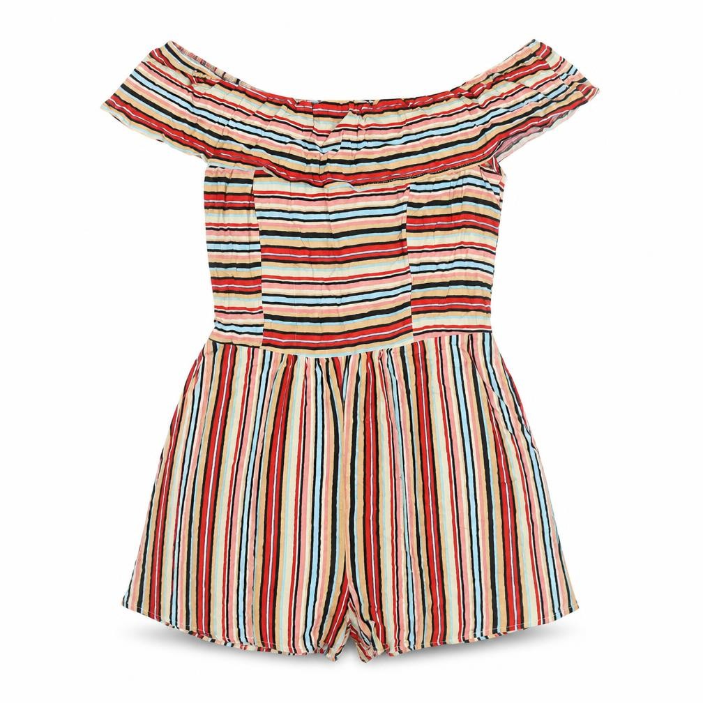 Front view of Xhilaration Women Multicoloured Stripe Off-Shoulder Playsuit, size S, Rayon
