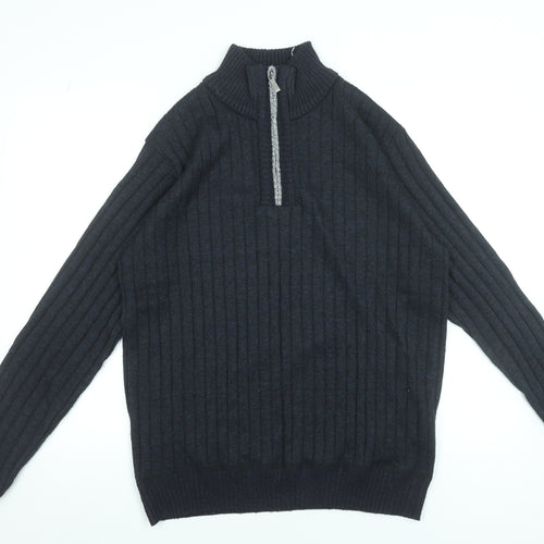 Brave Soul Men's Black XL Half Zip Rib-Knit Jumper