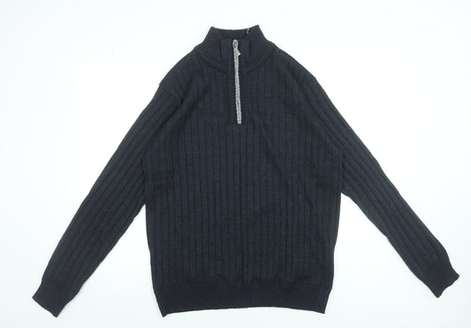 Brave Soul Men's Black XL Half Zip Rib-Knit Jumper