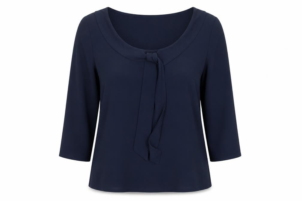 Front view of Alfred & Sisters Women's Navy Blue 3/4 Sleeve Bow Blouse, size S