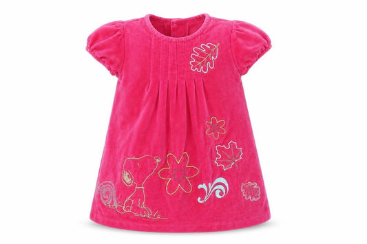 Front view of Peanuts Snoopy girls’ pink velvet a-line dress 12 months