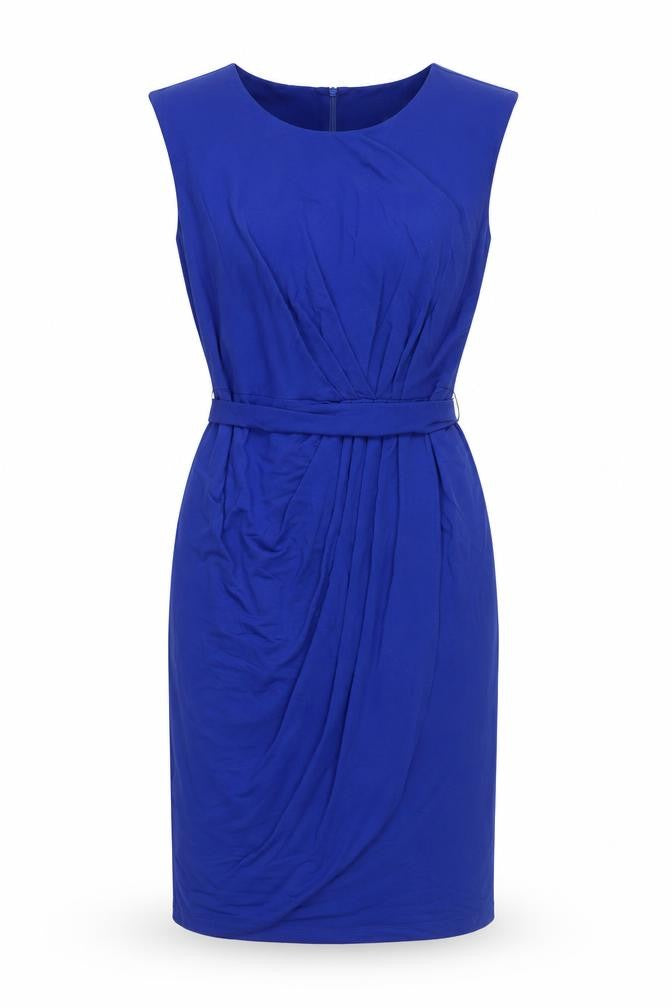 Front view of Fenn Wright Manson Women's Blue, size 12, Sheath Belted Knee Length Dress