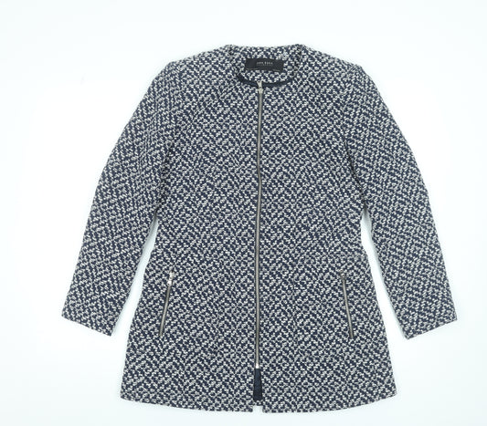 Zara Women Blue Geometric Tweed Long Coat Size 16