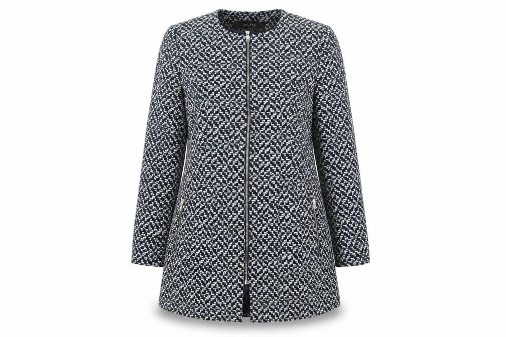 Front view of Zara Women Blue Geometric Tweed Long Coat, size 16