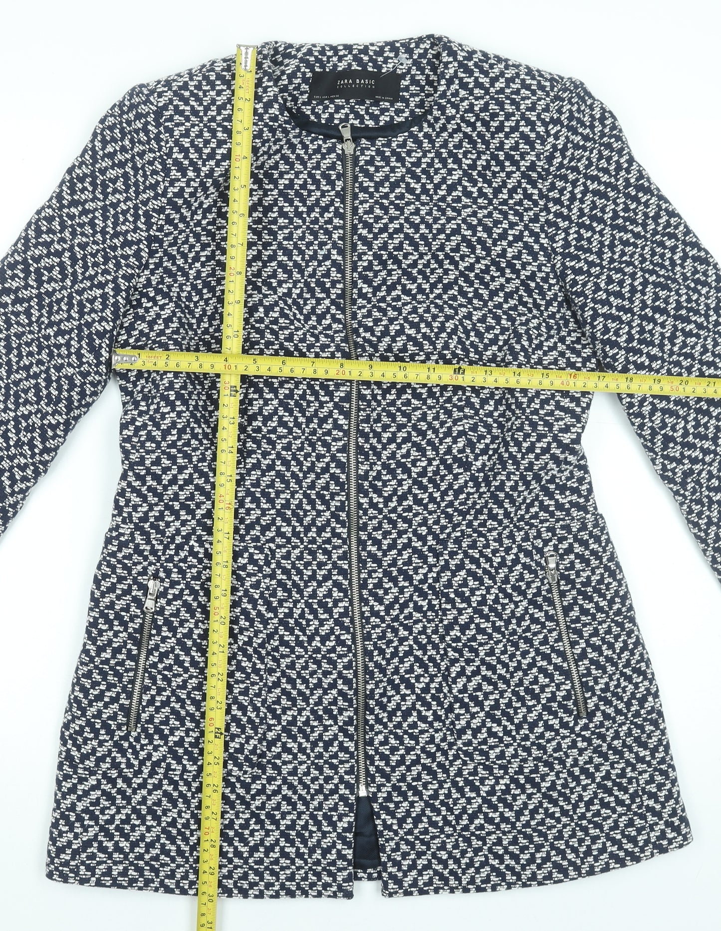 Zara Women Blue Geometric Tweed Long Coat Size 16