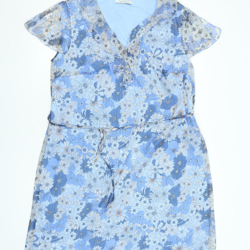 Betty Barclay Womens Blue Floral V-Neck Belted Shift Dress Size 18