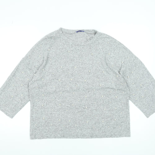 Zara Women Grey Beaded Knit Blouse M Relaxed 3/4 Sleeve Crew Neck
