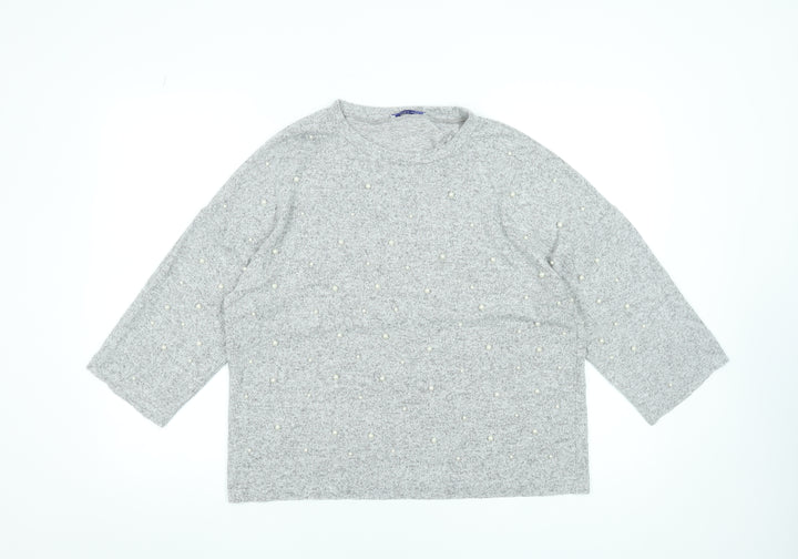 Zara Women Grey Beaded Knit Blouse M Relaxed 3/4 Sleeve Crew Neck