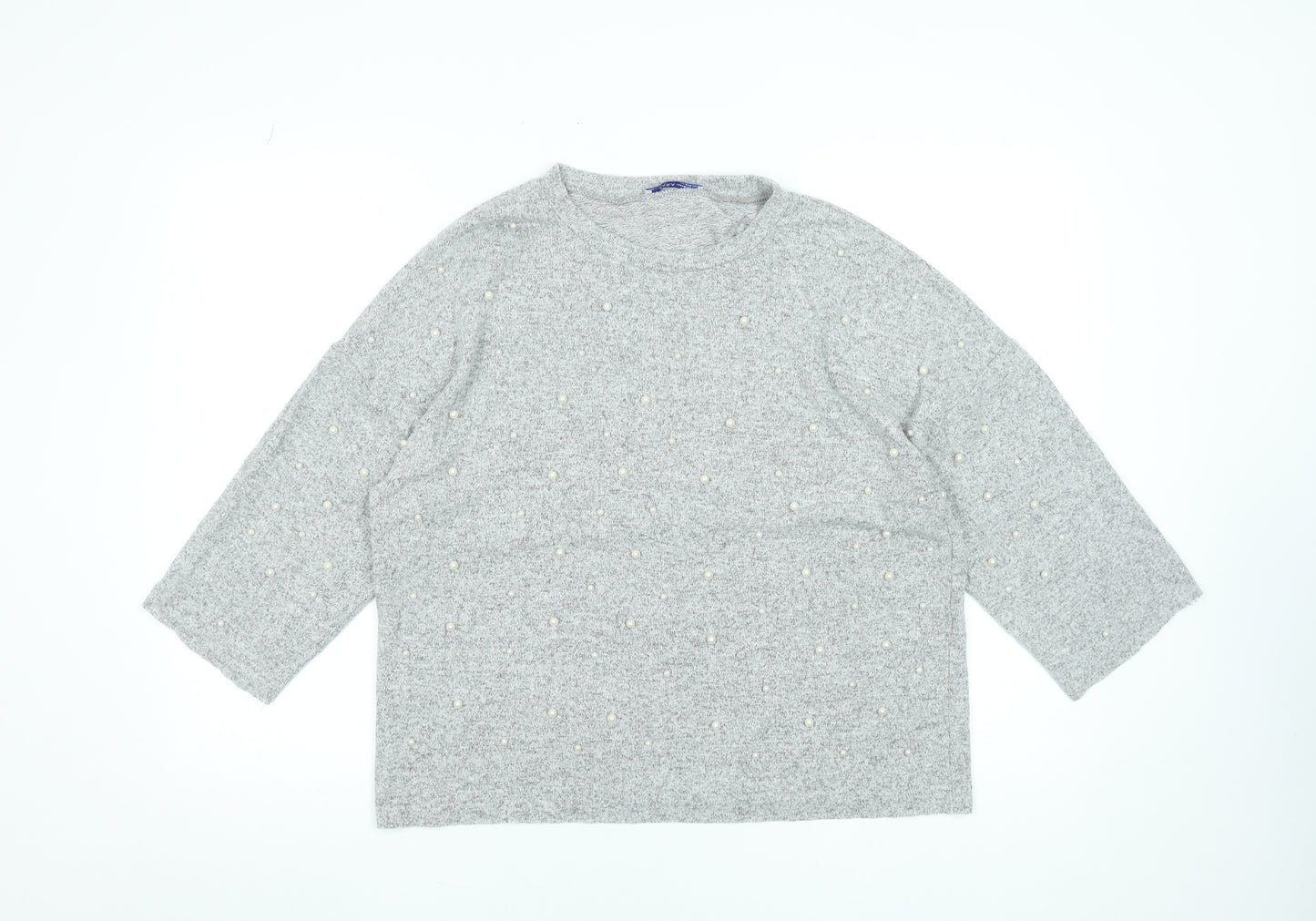 Zara Women Grey Beaded Knit Blouse M Relaxed 3/4 Sleeve Crew Neck