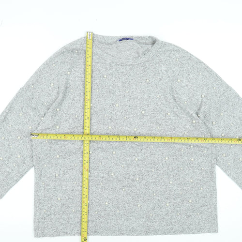Zara Women Grey Beaded Knit Blouse M Relaxed 3/4 Sleeve Crew Neck