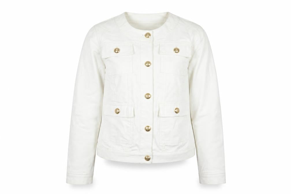 Front view of Gallery Women White Cotton Button Short Jacket UK 10