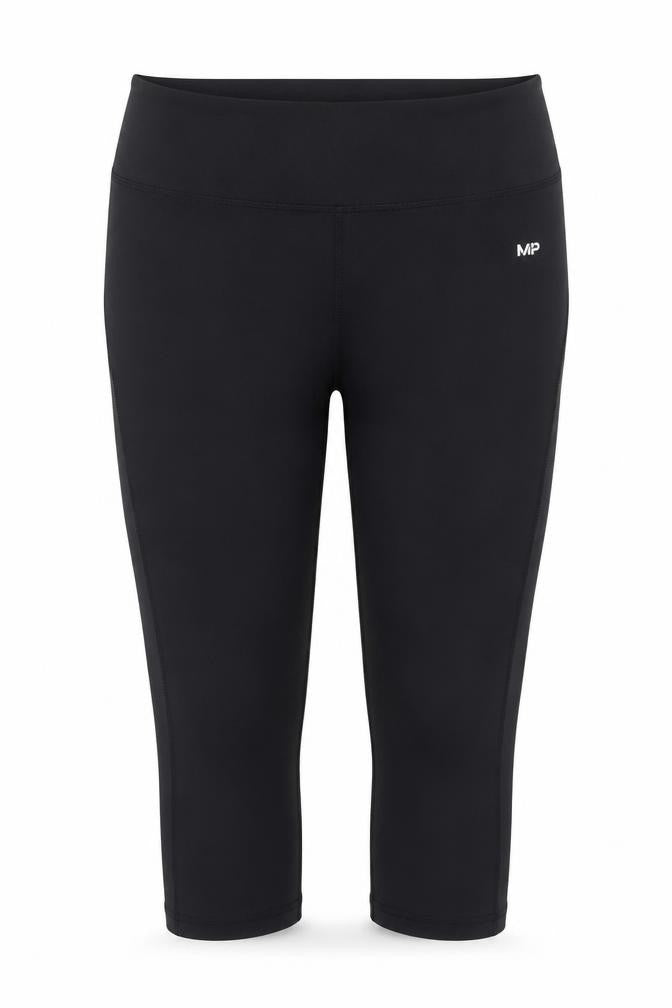 Front view of Myprotein women’s black capri leggings, size L, moisture wicking activewear
