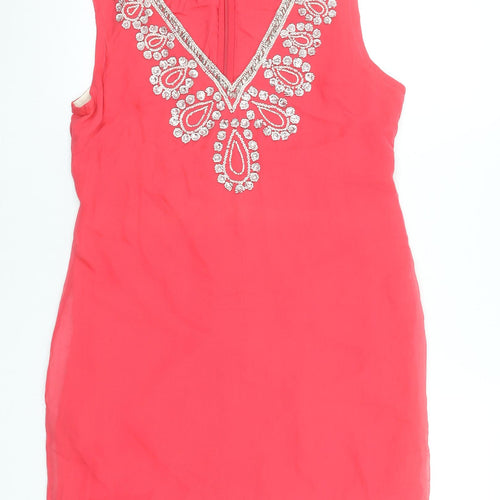 French Connection Women's Red Beaded Silk Shift Dress Size 12