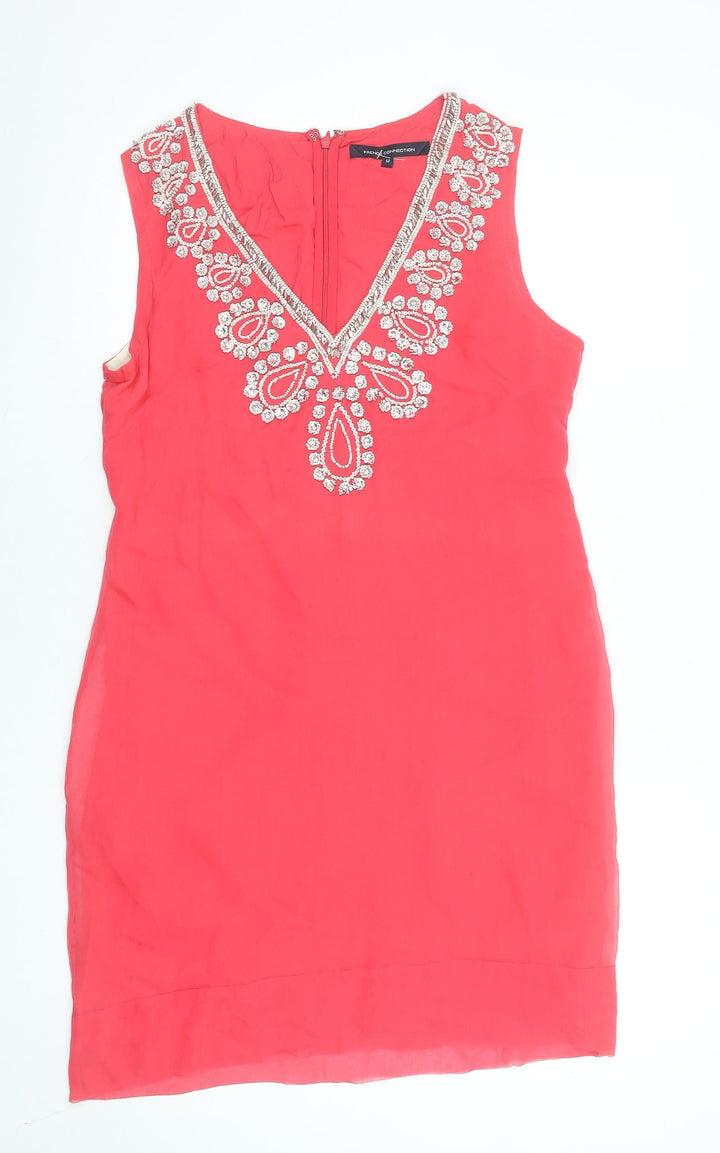 French Connection Women's Red Beaded Silk Shift Dress Size 12