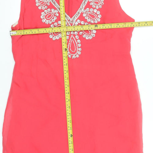 French Connection Women's Red Beaded Silk Shift Dress Size 12