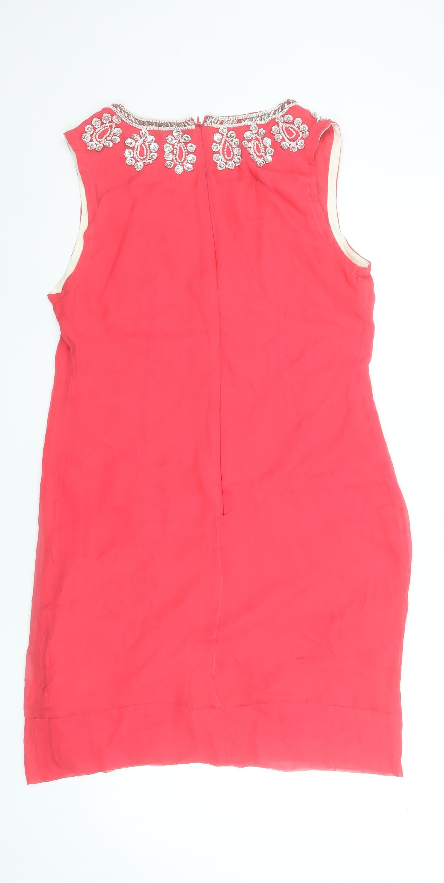 French Connection Women's Red Beaded Silk Shift Dress Size 12