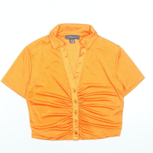 Primark Women's Orange Cropped Button-Up Collared Shirt Size 10