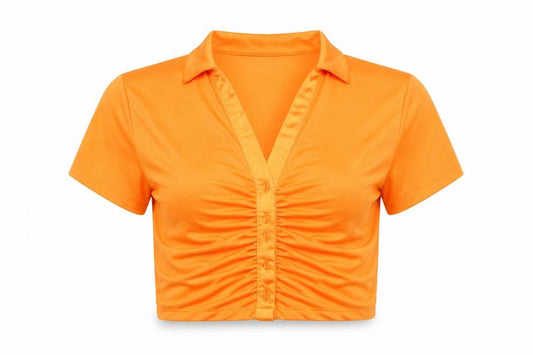 Front view of Primark Women's Orange Cropped Button-Up Collared Shirt, size 10