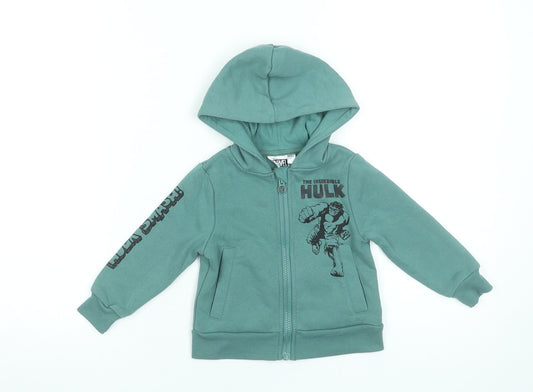 Marvel Boys Green Full Zip Hoodie 2-3 Years The Incredible Hulk Print