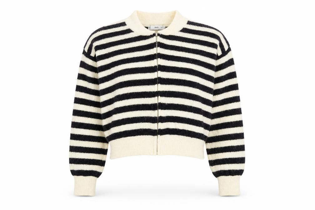 MNG Women’s Black & White Striped Full Zip Knit Jumper Size 12