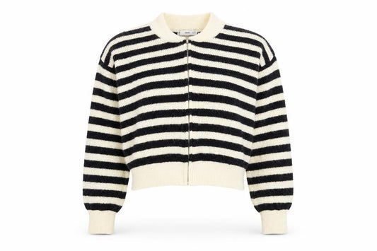 Front view of Mango Women’s Black & White Striped Full Zip Knit Jumper, size UK 12