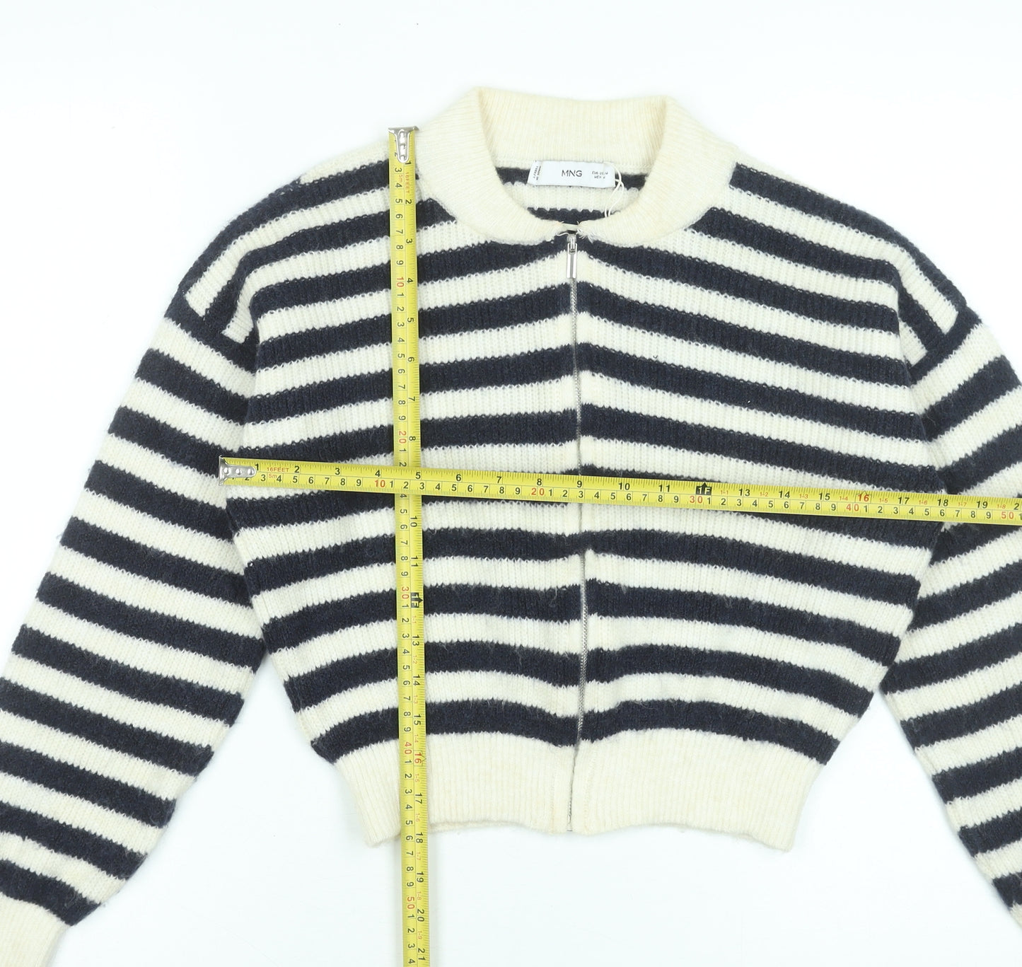 MNG Women’s Black & White Striped Full Zip Knit Jumper Size 12