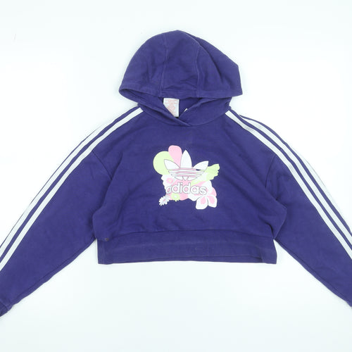 Adidas Girls Purple Cropped Pullover Hoodie 9-10 Years Graphic Print Sportswear