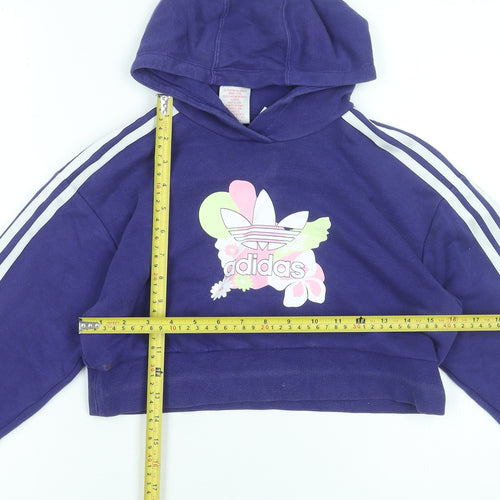 Adidas Girls Purple Cropped Pullover Hoodie 9-10 Years Graphic Print Sportswear