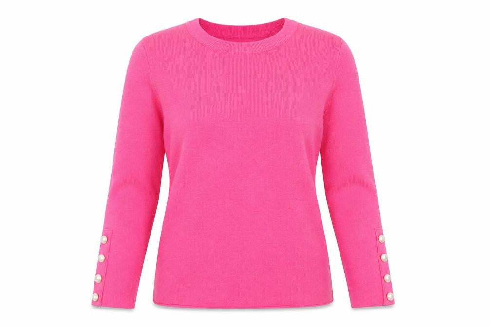 Front view of Savida Women's Pink Crew Neck Button Sleeve jumper, size 10