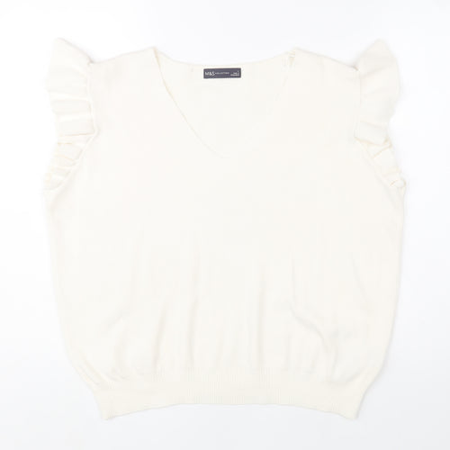Marks and Spencer Women Ivory Sleeveless V-Neck Ruffle Knit Jumper L