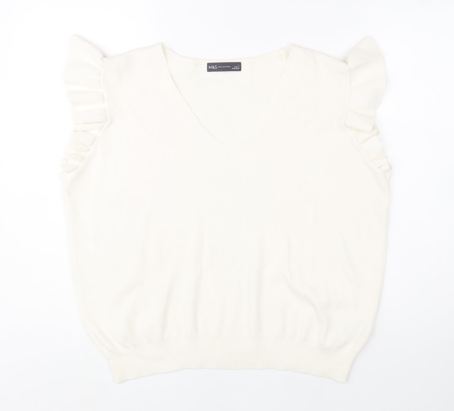 Marks and Spencer Women Ivory Sleeveless V-Neck Ruffle Knit Jumper L